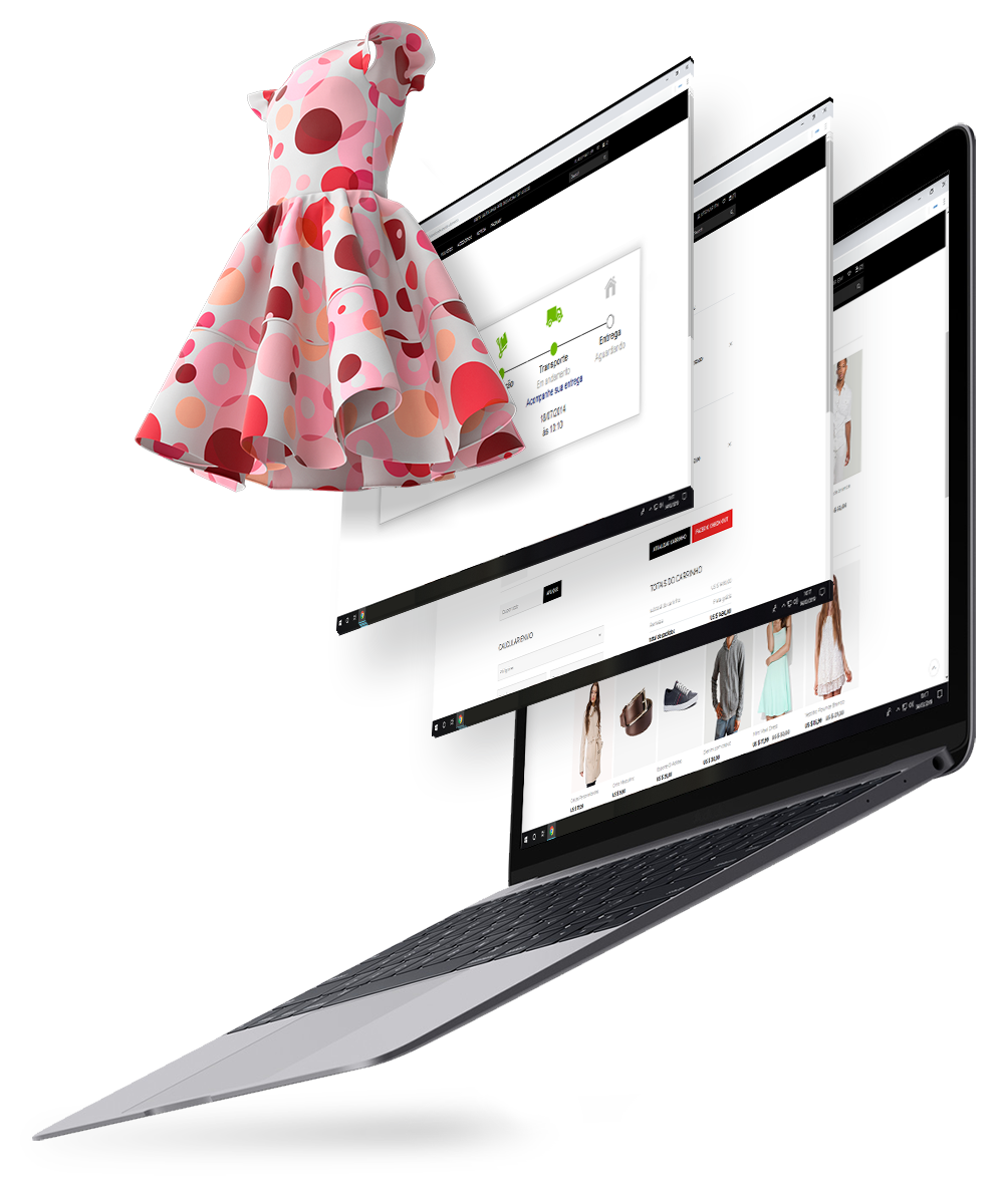 Vestido em 3D saindo de tela de uma plataforma de e-Commerce