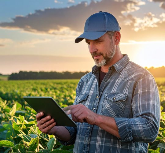Firefly_Brazilian male farmer standing in a green soyabean field at sunset, holding a tablet 130600
