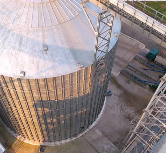 Steel grain bin tank top view. Close up.