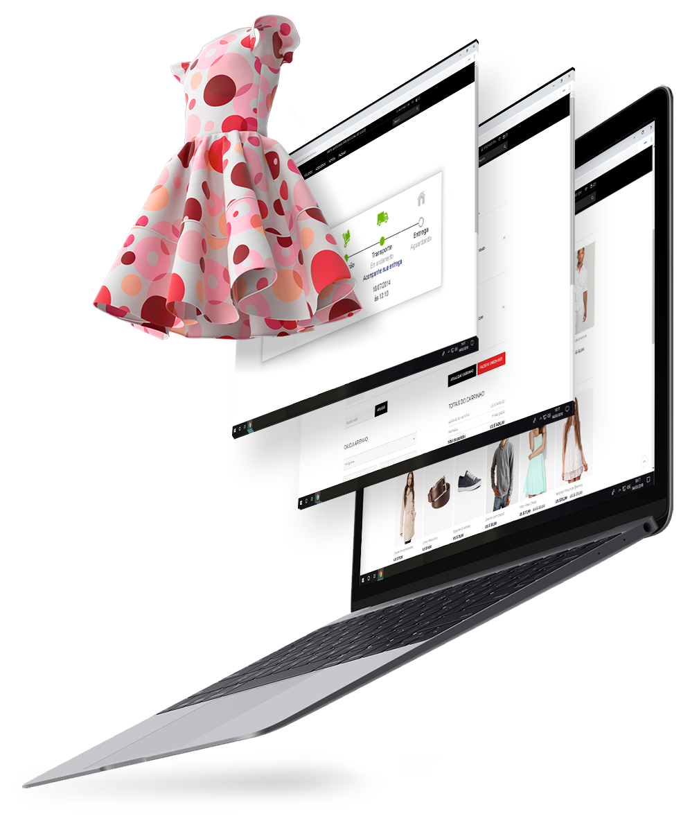 Vestido em 3D saindo de tela de uma plataforma de e-Comerce
